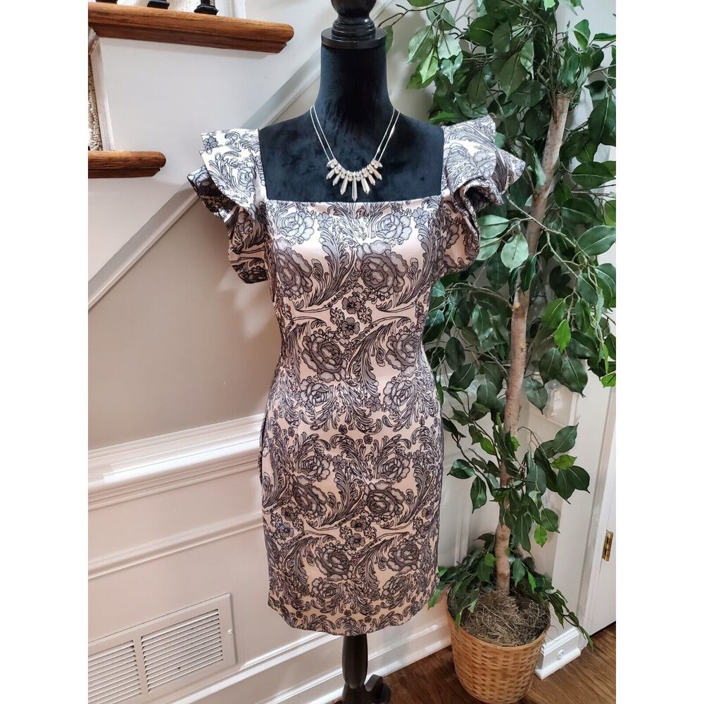 Vesper Women Floral Polyester Square Neck Short Sleeve Knee Length Dress Size S